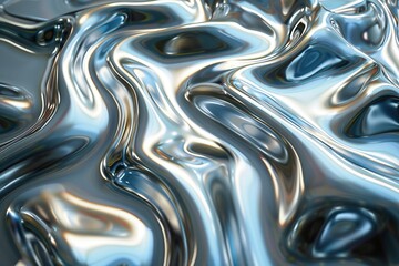 Abstract metallic liquid waves, seamless flowing silver texture, reflective surface background, modern and futuristic design.