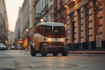 Obraz premium A modern autonomous delivery vehicle navigates through an urban street with buildings and soft lighting