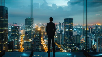 Businessman silhouette overlooking city skyline at dusk