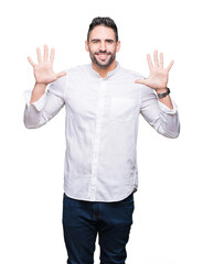 Young business man over isolated background showing and pointing up with fingers number ten while smiling confident and happy.