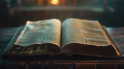 An open holy book sitting on top of a wooden table, ready for reading or study