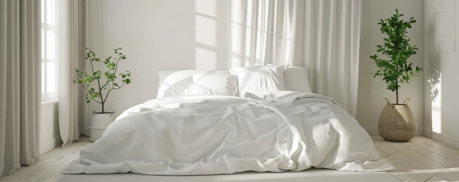 Contemporary bedroom interior with minimalist white futon and two decorative pillows