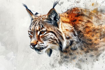 A picture of a lynx sitting on a white surface, providing a clear view of its fur and facial features