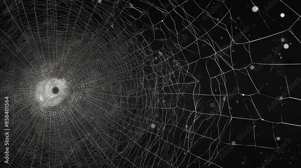 Poster Abstract fractal sipder web on dark background with grungy ornament of broken moody web and particles.