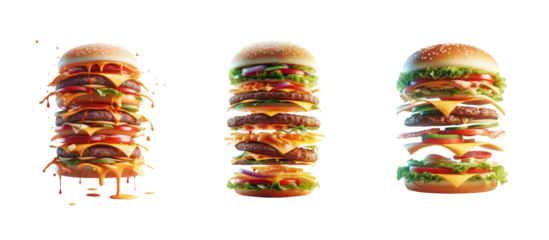 creative hamburger collection. set of falling fragmented sandwiches.Melting cheese. Big burger falling and revealing the layers of the sandwich interior. Transparent background PNG