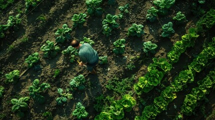 Aerial view of a person tending to a vegetable garden, with rows of green leafy plants, possibly lettuce or spinach, and some purple-leafed plants, possibly a type of kale or chard