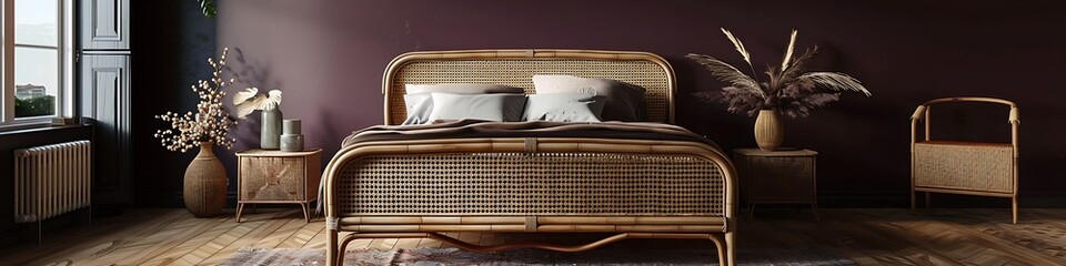 Dark bedroom interior mockup, wooden rattan bed on empty dark plum wall background, Scandinavian style, 3d render