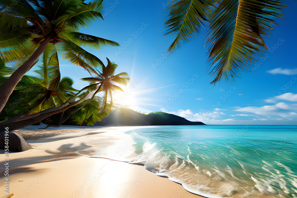 Sticker Sun-drenched sands meet a sparkling ocean in this looping animation. Gentle waves lap at the shore, swaying palm trees with vibrant tropical leaves. 