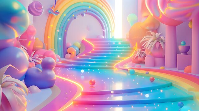1. **Prompt 1:** Create a charming 3D illustration of a whimsical journey through an enchanting rainbow splash. Set against a cute and colorful abstract background, the scene should immerse viewers