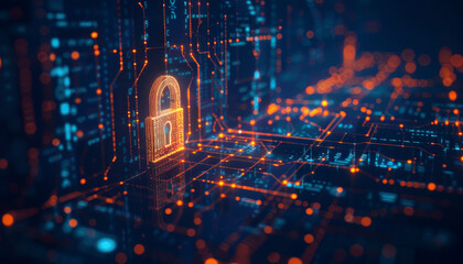 A computer screen shows a glowing blue and orange cityscape with a glowing blue by AI generated image