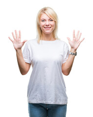 Young beautiful blonde woman wearing white t-shirt over isolated background showing and pointing up with fingers number ten while smiling confident and happy.