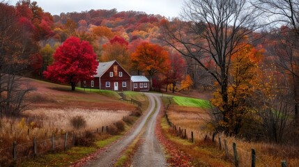 A red house sits on a road surrounded by trees and a field. The autumn leaves are falling, creating a warm and cozy atmosphere