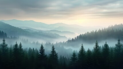 Obraz premium A serene and peaceful scene of a forest with a misty atmosphere. The sky is cloudy, and the sun is setting, casting a warm glow over the landscape. The trees are tall and dense