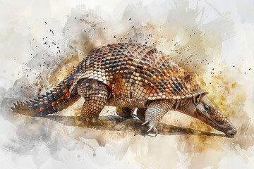 Obraz premium A watercolor portrait of a large armadillo, perfect for use in educational materials, wildlife conservation campaigns, or as a unique design element