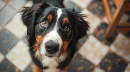 Close up of a tri colored dog with a playful expression near the camera against a checkered floor