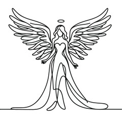 line art drawing of woman angel with wings, line art of an ange