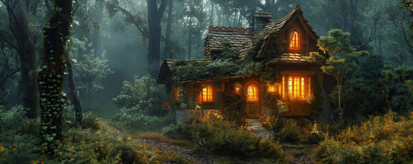 A charming cottage nestled in a lush forest, its windows glowing with a warm light.