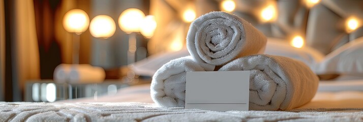 a luxury hotel bed with rolled towels placed on it, with a blank business card, 