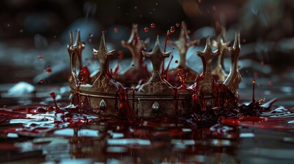 A crown with bloodstained surface submerged in water, potentially suggesting violence or sacrifice