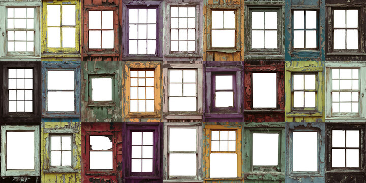 Mega Pack of 27 Multicolored old Window Frames. in various styles. Transparent PNG background cutout.  - Powered by Adobe