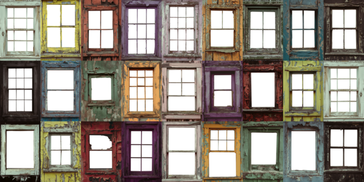 Mega Pack of 27 Multicolored old Window Frames. in various styles. Transparent PNG background cutout. 