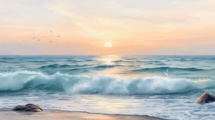 A painting of a beach with a sunset in the background. The sky is orange and the water is blue. There are birds flying in the sky