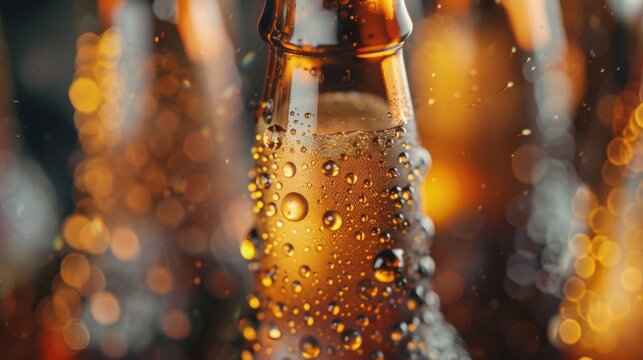 Close-up of a cold beer bottle covered in condensation