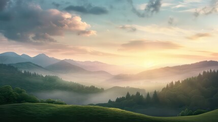 A beautiful mountain landscape with a sun setting in the background. The sky is filled with clouds, creating a serene and peaceful atmosphere. The mountains are covered in lush green trees