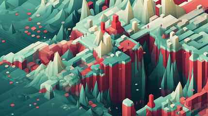 Fototapeta premium Abstract virtual isometric terrain with mountains. Slice of topographic ground with peaks.