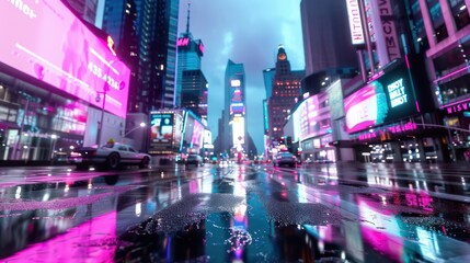 Obraz premium A city street with neon signs and cars driving by. Scene is bright and colorful, despite the rainy weather