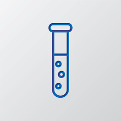 Test tube logo simple icon vector. Flat design. Paper cut design. Cutted blue symbol with shadow. Gray background