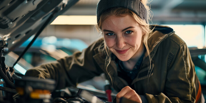 Junge KFZ-Mechanikerin steht inder Werkstatt und schraubt am Auto