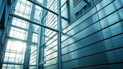 Fototapeta premium Modern glass facade of an office building with sunlight streaming in