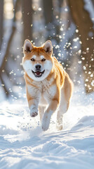 Akita dog is running through the snow with its tongue out