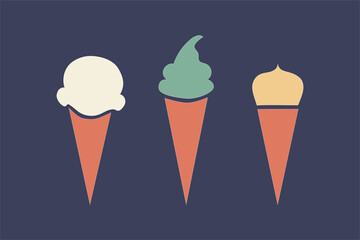 Soft ice cream in a cone. A set of different colors of ice cream. Vector illustration on a blue background.