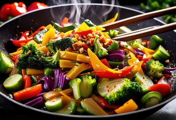 colorful vegetable stir fry sizzling healthy vegetarian dish cooking process, wok, vibrant, veggies, pan, nutritious, meal, preparing, rainbow, greens, technique, hot