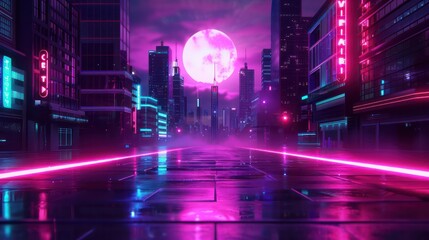 Fototapeta premium A neon cityscape with a pink moon in the sky. The city is lit up in neon colors, giving it a futuristic and vibrant atmosphere