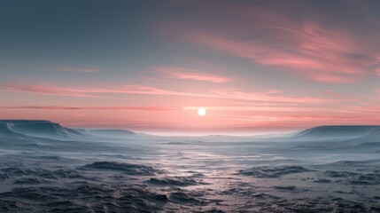 Obraz premium A beautiful sunset over a vast, empty desert. The sky is filled with pink and orange hues, creating a serene and peaceful atmosphere. The sun is setting, casting a warm glow over the landscape