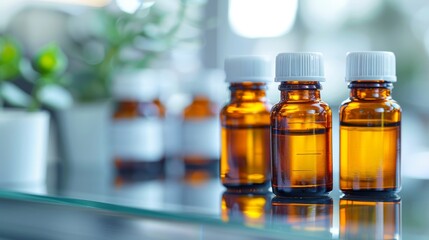 Pharmaceutical and healthcare medical bottles in lab for drug research.