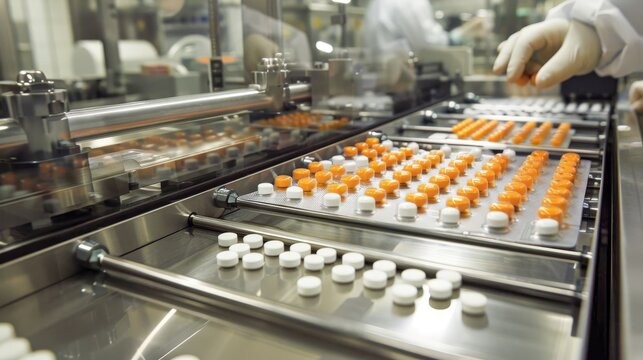 Pharmaceutical lab with pill presses and coating machines for drug formulations in progress.