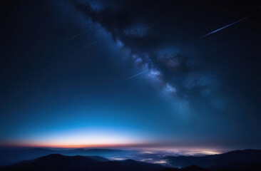 Fototapeta premium Dark blue starry sky with lightening on the horizon. Night landscape