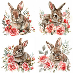 Fototapeta premium Set of rabbits with a beautiful flowers inside on a white background 