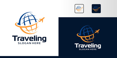 Travel Logo Design. Abstract globe with airplane logo design graphic symbol icon vector