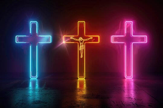 Three neon crosses sit side by side, ideal for use in funeral or memorial contexts