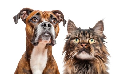 Obraz premium Attentive Boxer dog and cat together looking up into blank space on banner
