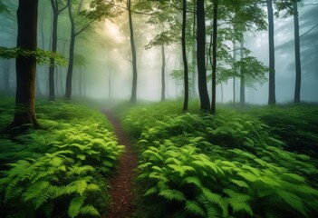 Fototapeta premium majestic fog blanketing lush woods, forest, trees, vegetation, plantlife, flora, foliage, greenery, mist, moisture, weather, scenery, landscape, view