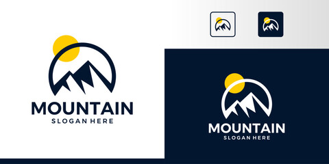 Mountain peak logo design with sun design graphic symbol icon vector