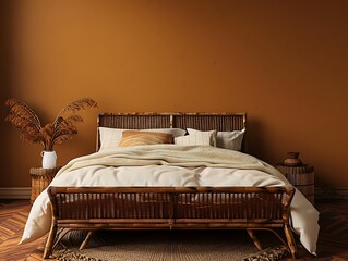 Dark bedroom interior mockup, wooden rattan bed on empty dark ochre wall background, Scandinavian style, 3d render