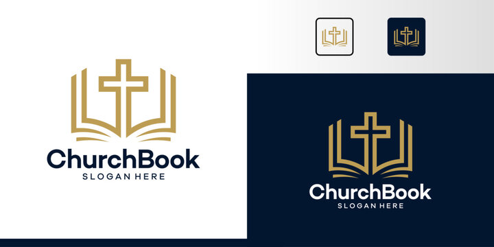 Book logo design with church cross graphic symbol icon vector