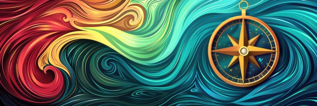 Tattoo Water. Compass and Waves in High Tide, Spiritual Arrow Guidance in Gold Ocean